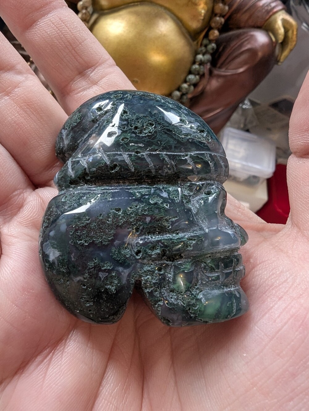 Polished Green Moss Agate Skull Sculpture
